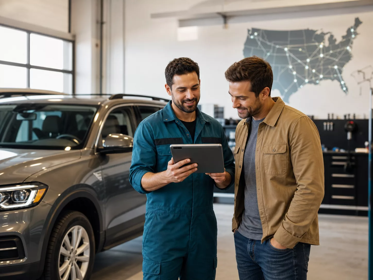 Mechanic and customer reviewing an approved repair estimate