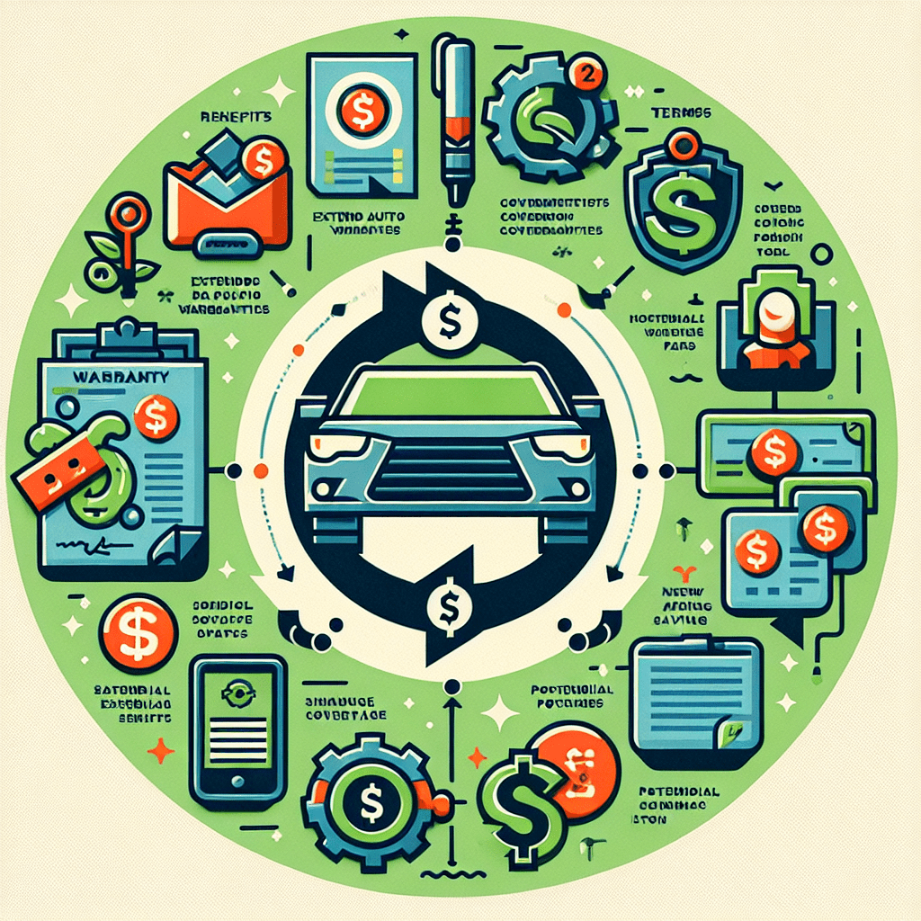 A detailed infographic illustrating the components and benefits of extended auto warranties, featuring icons and text elements that explain terms, coverage options, and potential savings for new car owners.