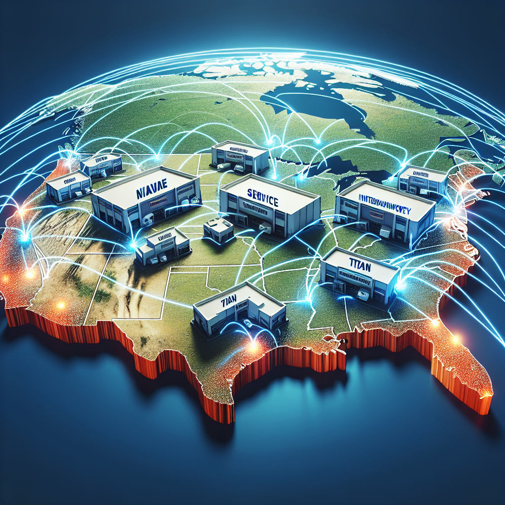 Depiction of a nationwide network for Titan warranty support, showcasing interconnected service centers across the country.