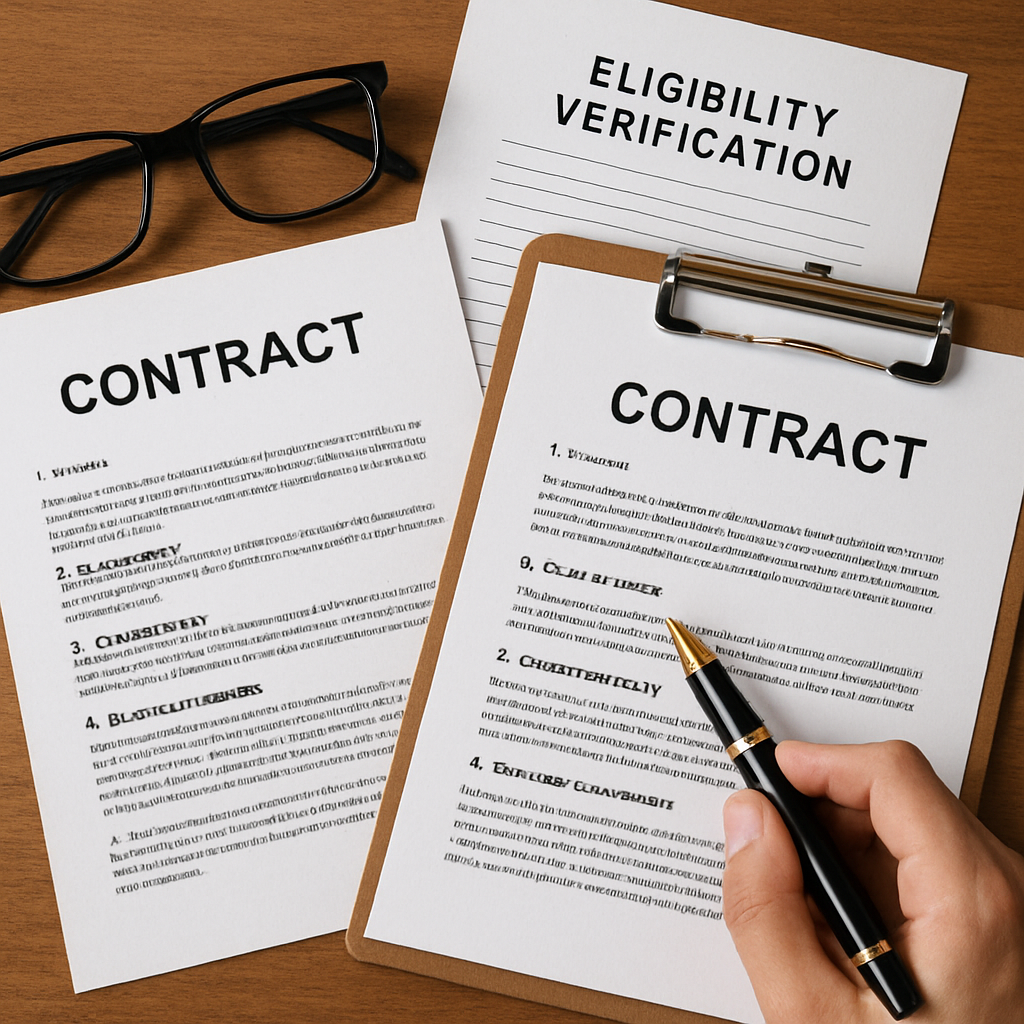 Documents displaying sample contracts being reviewed for eligibility verification.