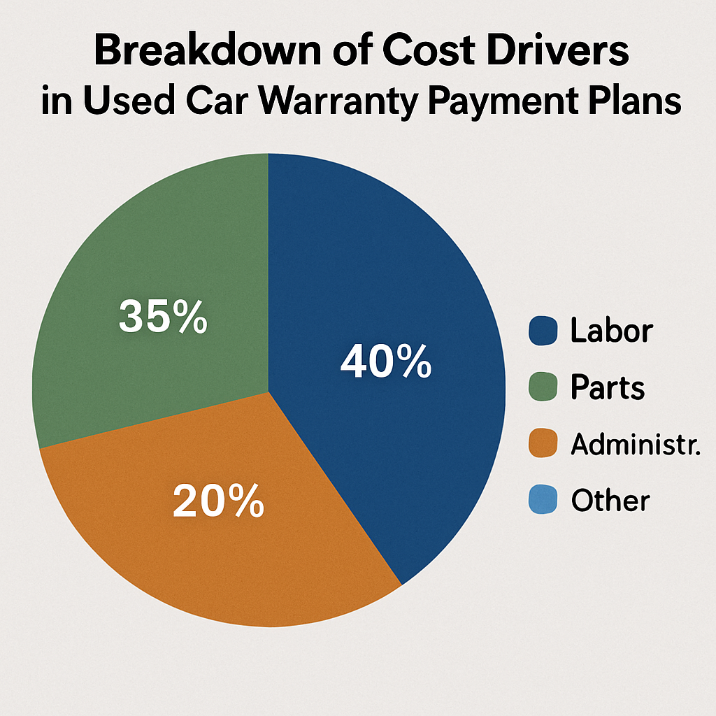 Chart illustrating key cost drivers in used car warranty payment plans, highlighting factors such as labor, parts, and administrative expenses.
