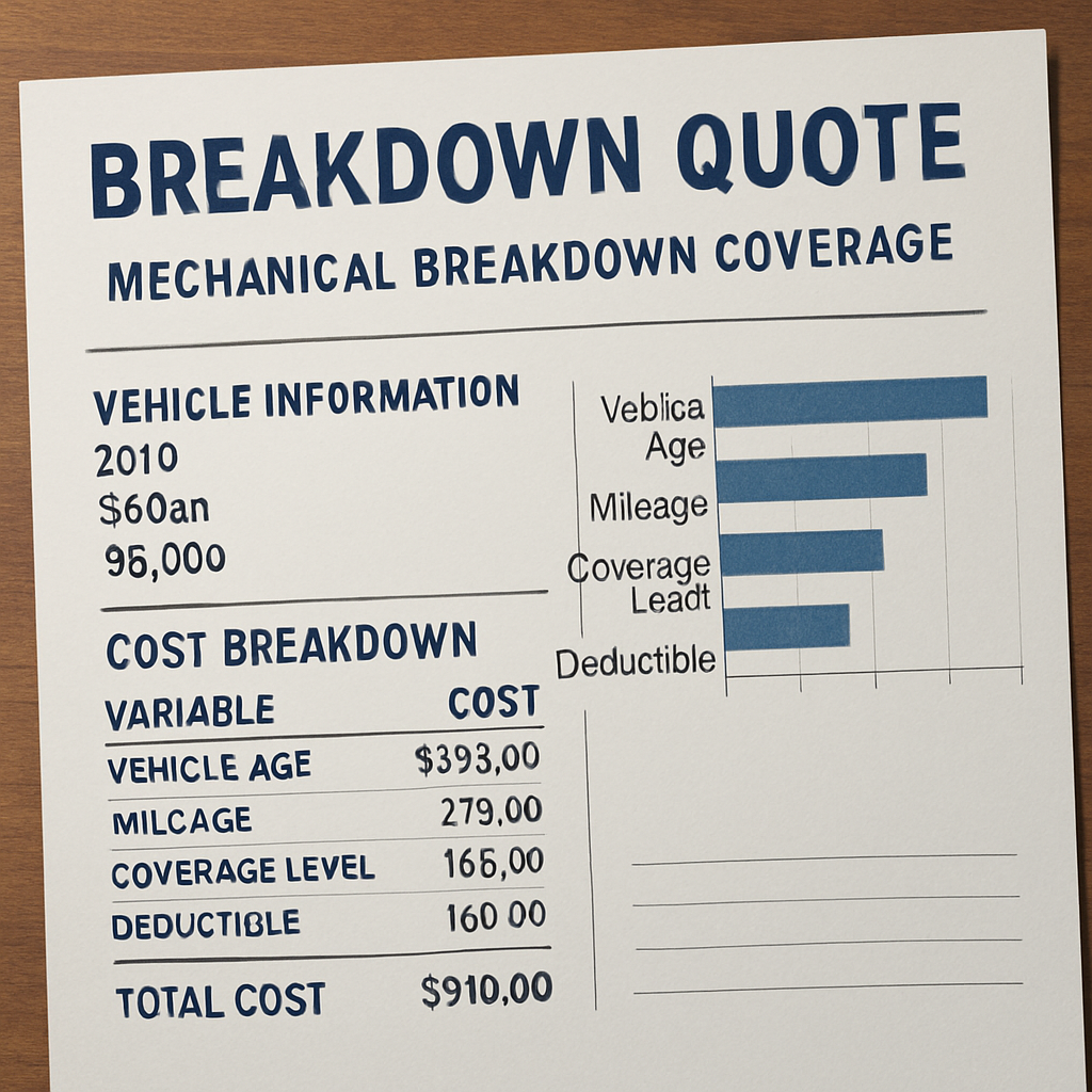 Mechanical breakdown coverage quote displaying detailed cost factors and variables influencing pricing.