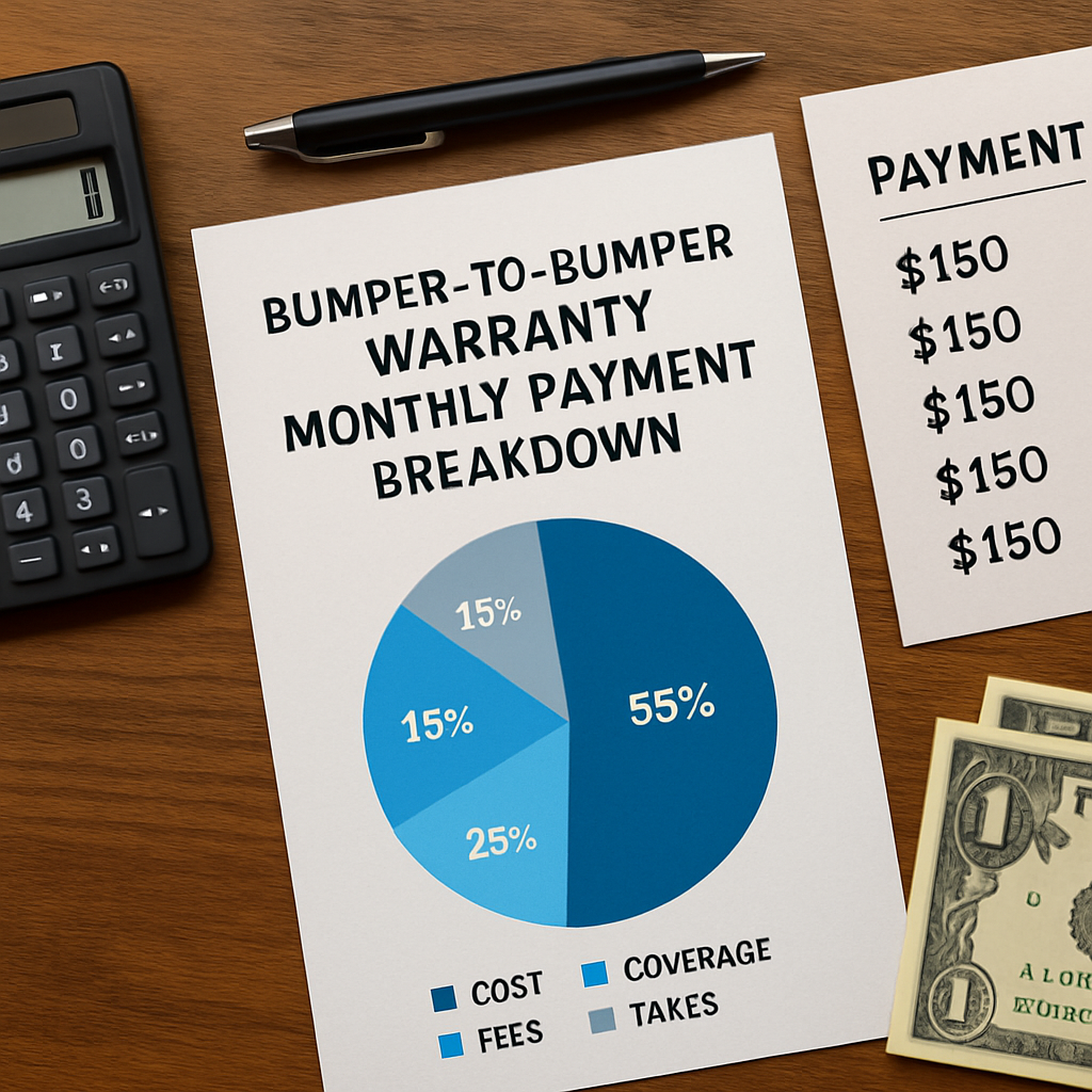 Detailed breakdown of monthly payments for a bumper-to-bumper warranty plan, highlighting cost components and coverage benefits.
