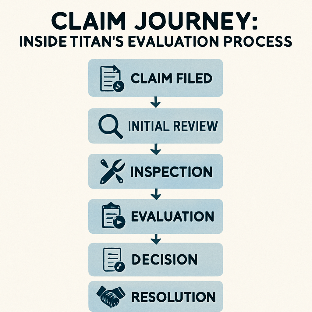 Claim Journey: Detailed overview of Titan's evaluation process following a warranty claim filing, illustrating each step from initial claim submission to final resolution.