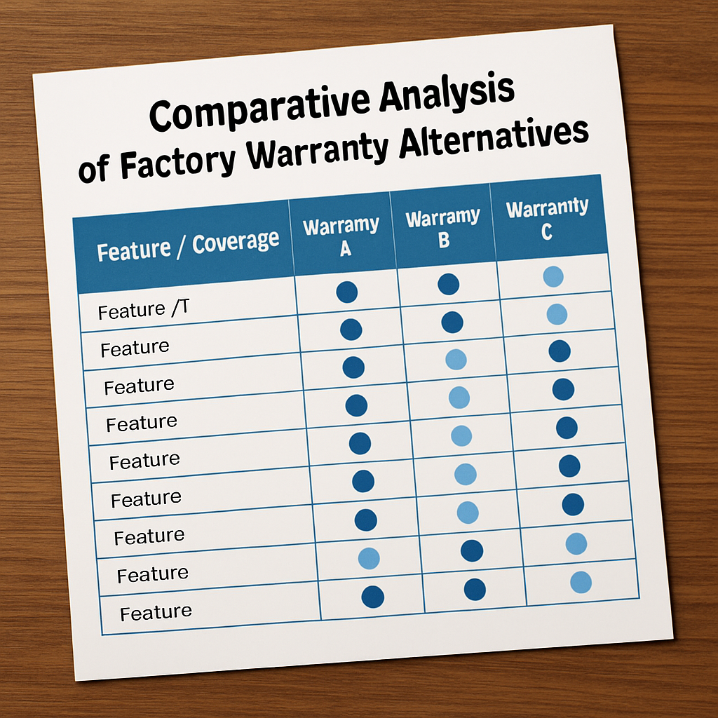 Chart comparing features and coverage of various factory warranty alternatives for equipment.