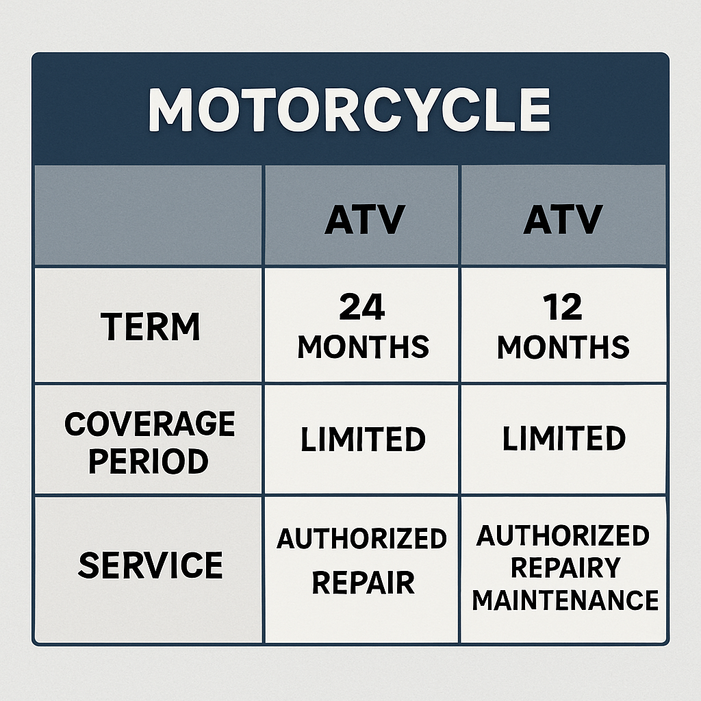 Chart comparing warranty coverage options for motorcycles and ATVs, highlighting differences in terms, coverage periods, and service inclusions.