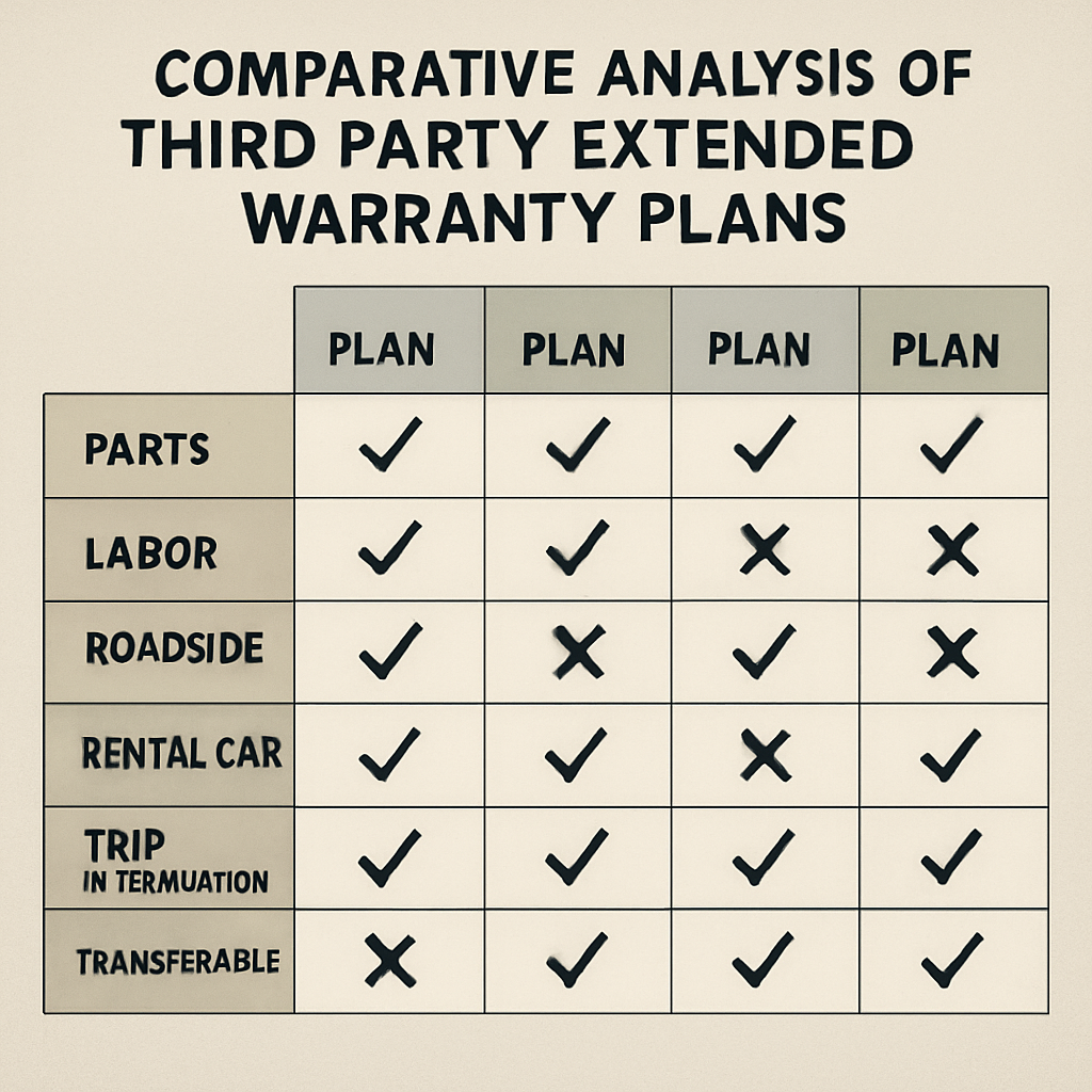 Chart comparing features and coverage of various third party extended warranty plans.