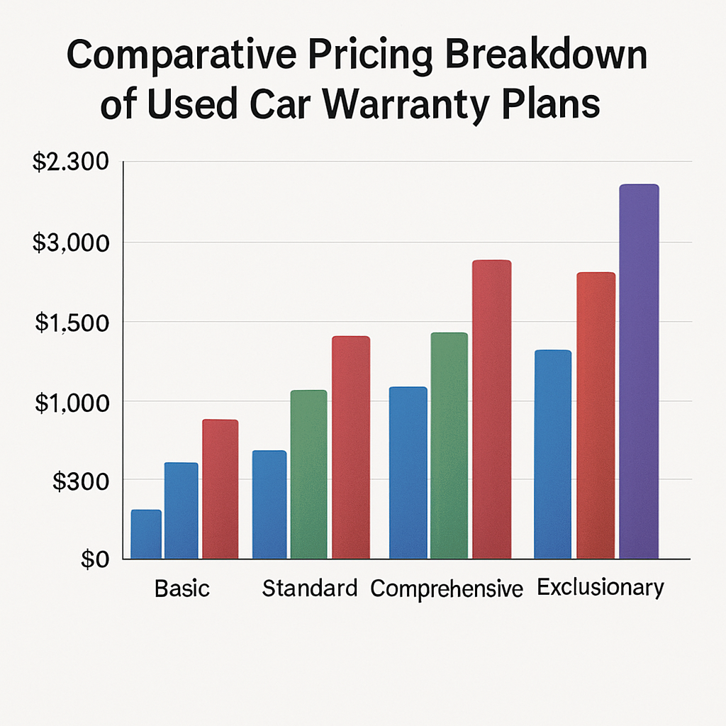 Bar chart comparing used car warranty prices across multiple providers for various coverage plans.