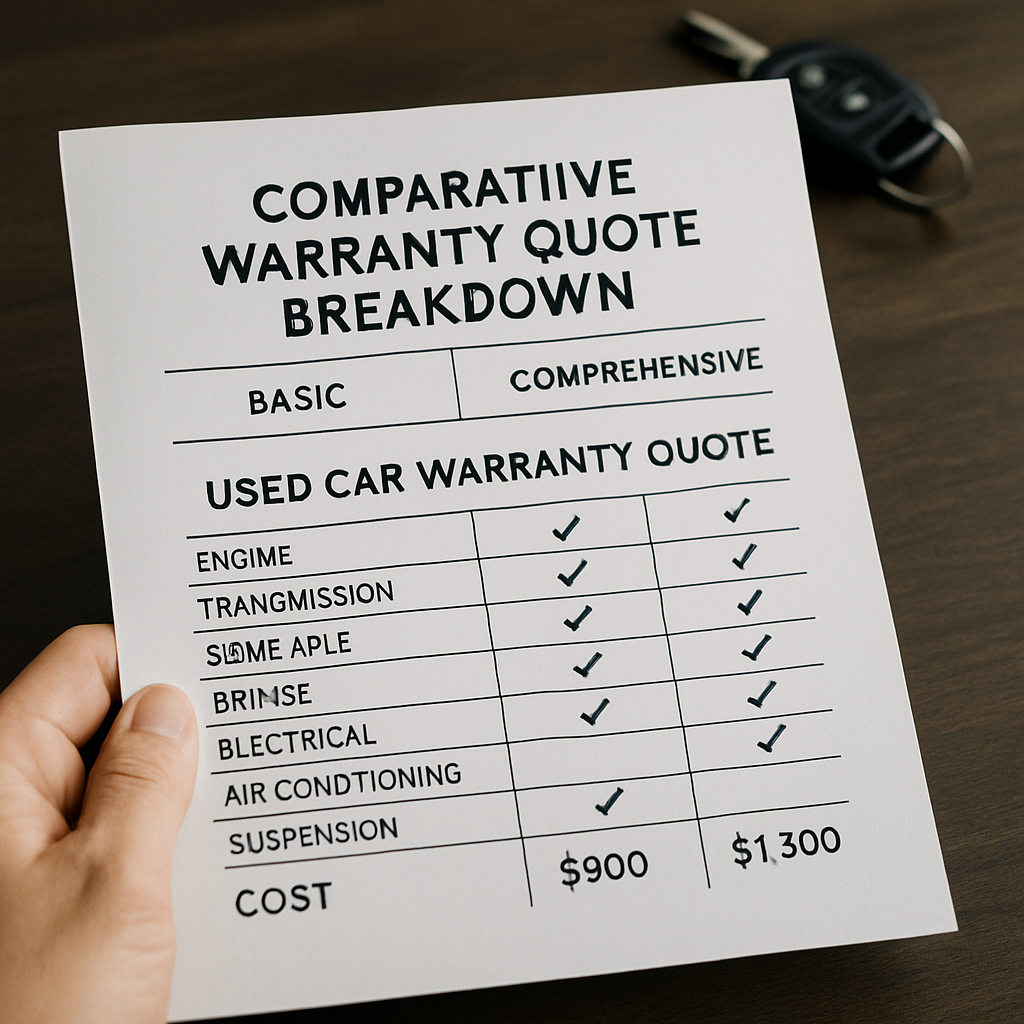 Comparison of basic and comprehensive used car warranty quotes detailing coverage and costs.