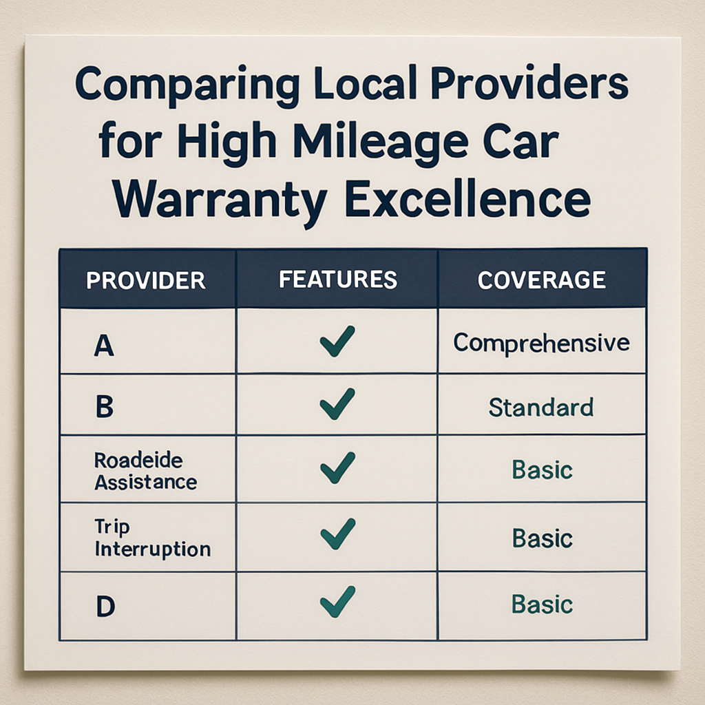 Chart comparing features and coverage options of local high mileage car warranty providers