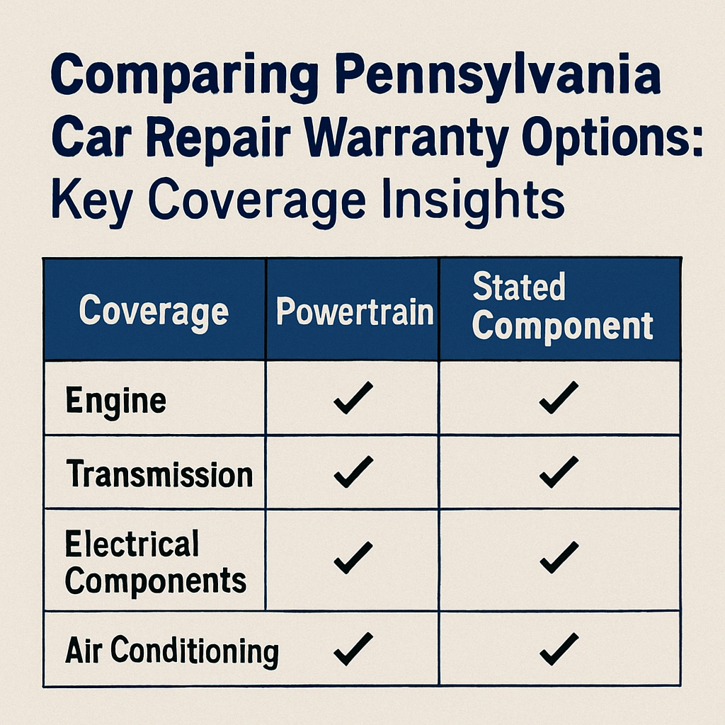 Comparison chart highlighting key car repair coverage options available in Pennsylvania with detailed warranty insights.