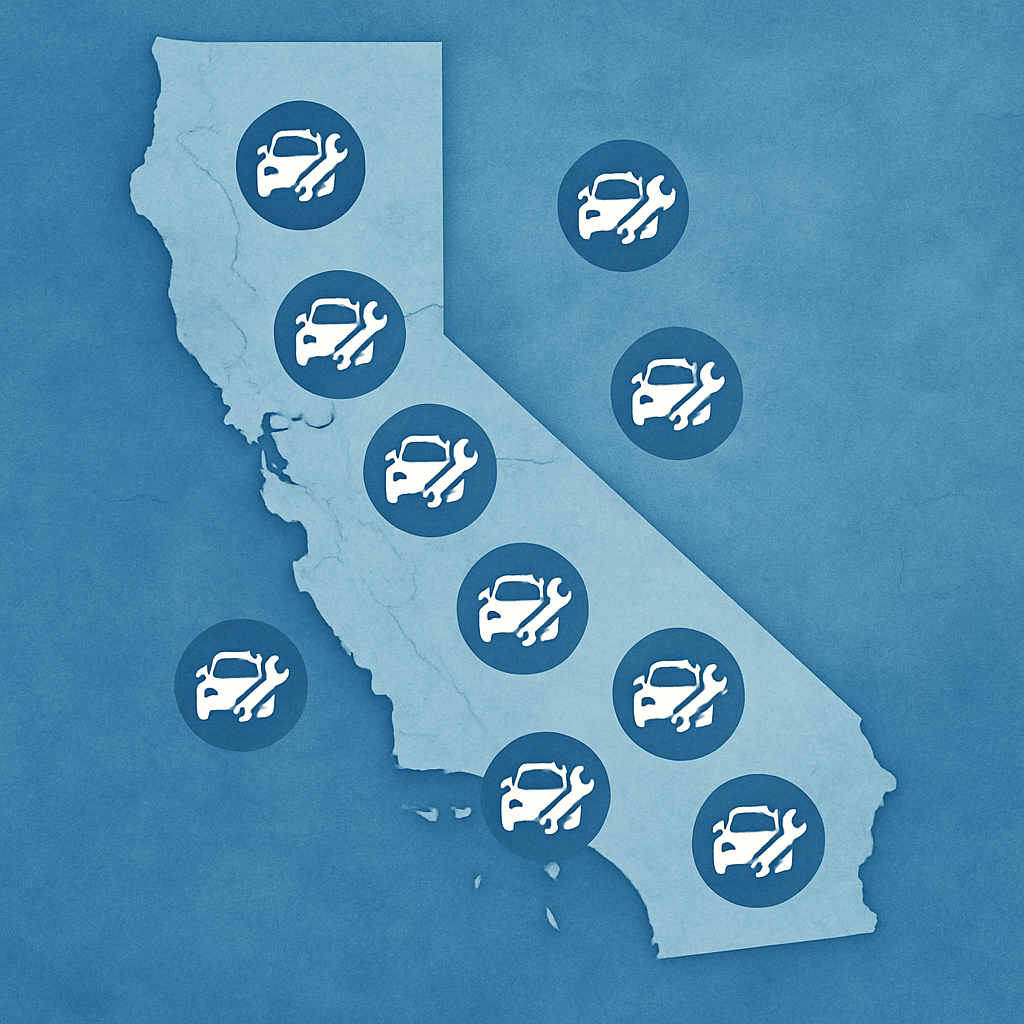 A map of California highlighting areas covered by car repair services, with icons representing repair centers across the state.