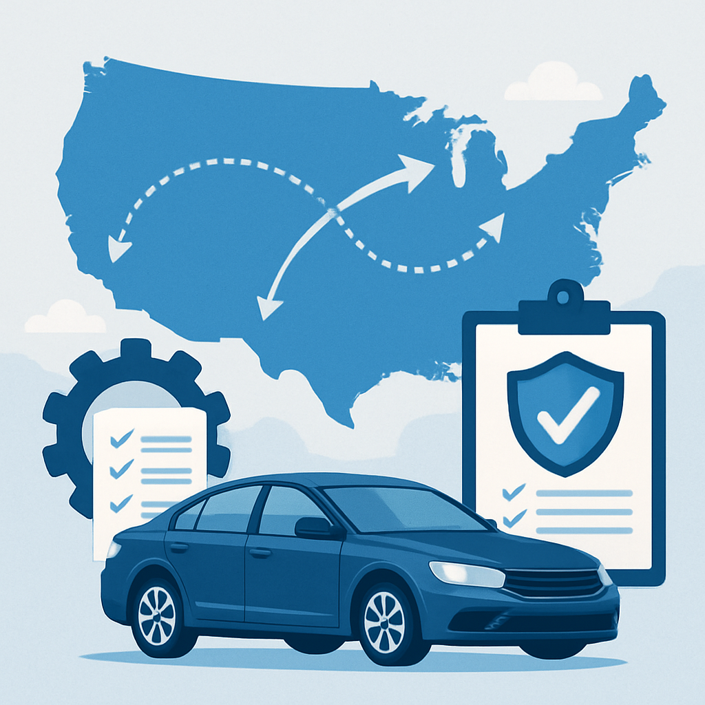 A technical illustration depicting the extensive services of a nationwide auto warranty company, highlighting cross-border coverage and detailed insights into warranty options and benefits.
