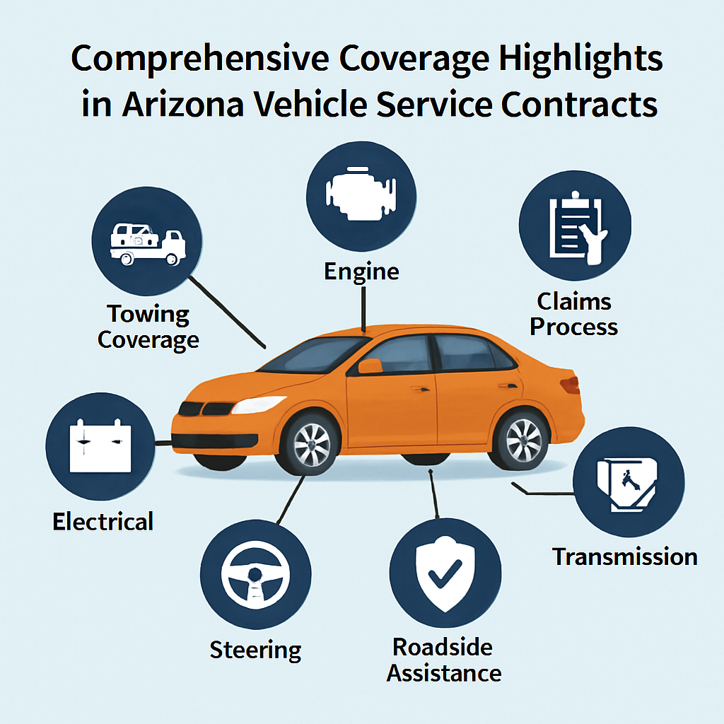 Diagram illustrating key features and coverage options of vehicle service contracts in Arizona.