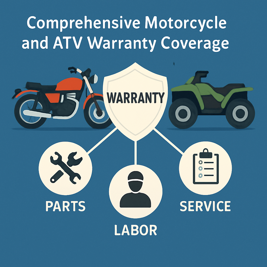 Diagram illustrating comprehensive warranty coverage options for motorcycles and ATVs, including parts, labor, and service terms.