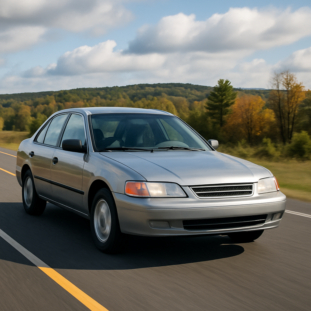 A well-maintained high-mileage car driving on a Michigan road, symbolizing comprehensive warranty coverage for older vehicles.