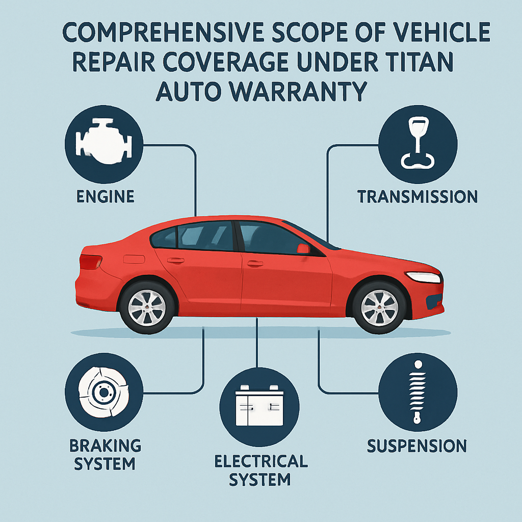 Diagram illustrating the comprehensive vehicle repair coverage provided by Titan Auto Warranty.