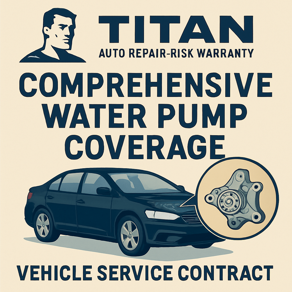 Diagram illustrating water pump coverage under a vehicle service contract at Titan Auto Repair with risk warranty details.
