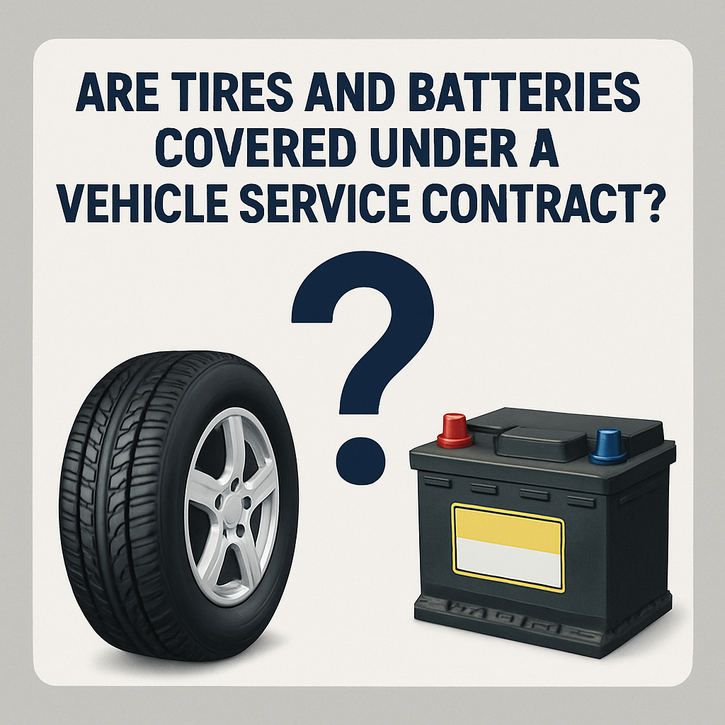 Diagram explaining coverage of tires and batteries under vehicle service contracts.