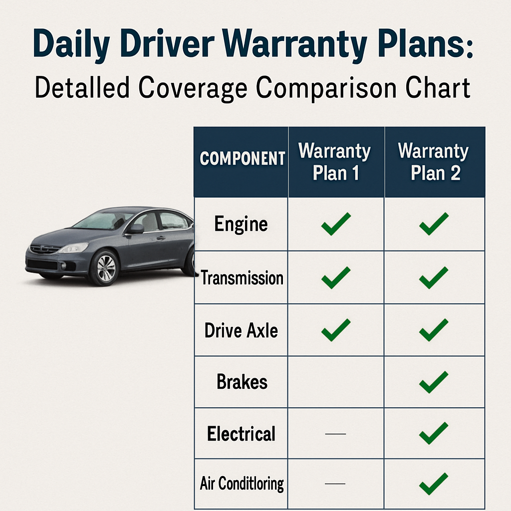 Detailed comparison chart of warranty coverage options for daily driver vehicles.
