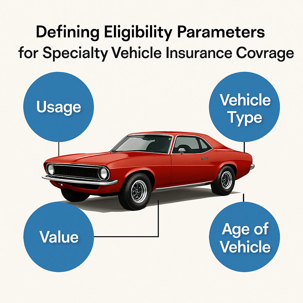 Diagram illustrating key eligibility parameters for specialty vehicle insurance coverage.