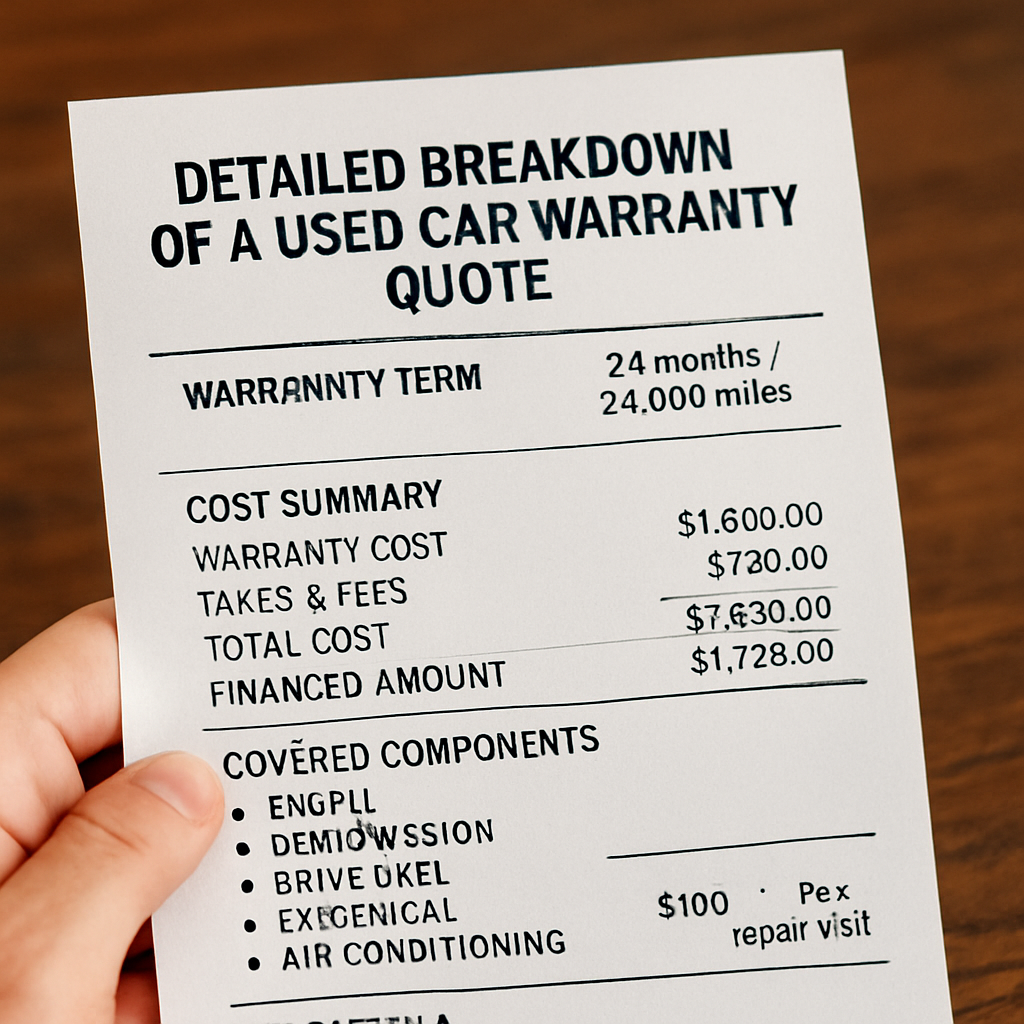Detailed breakdown of costs and coverage components in a used car warranty quote.