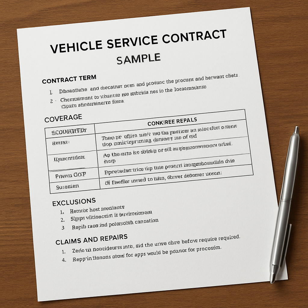 Detailed breakdown of a vehicle service contract sample outlining terms and coverage details.