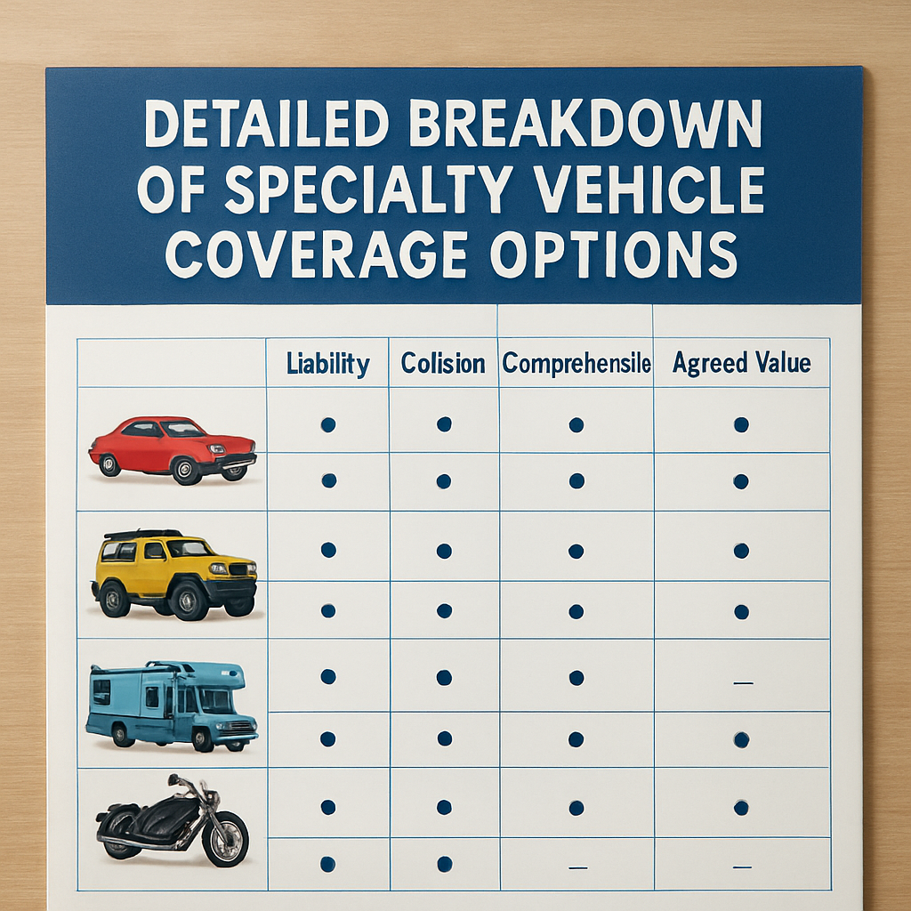 Chart detailing various specialty vehicle coverage options and their features.