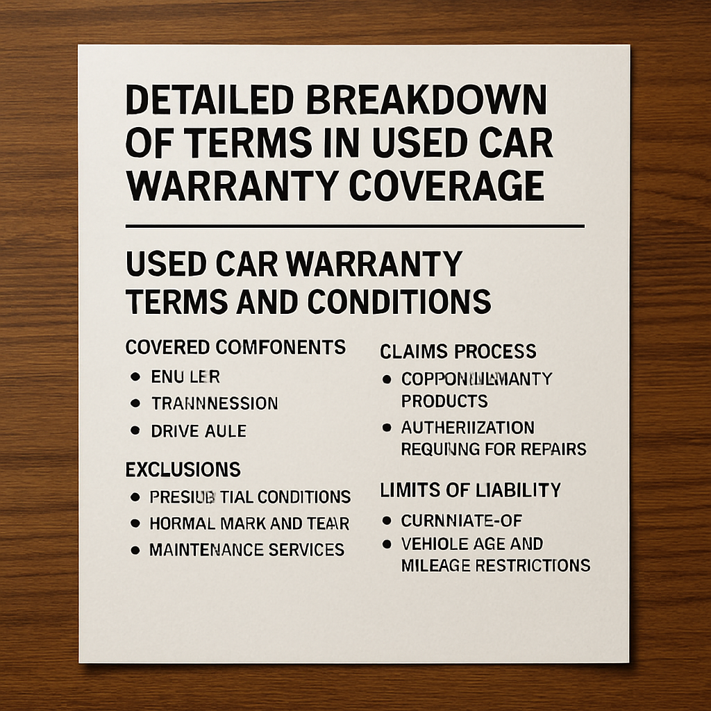 Detailed breakdown of used car warranty terms and conditions with key coverage elements and limitations.