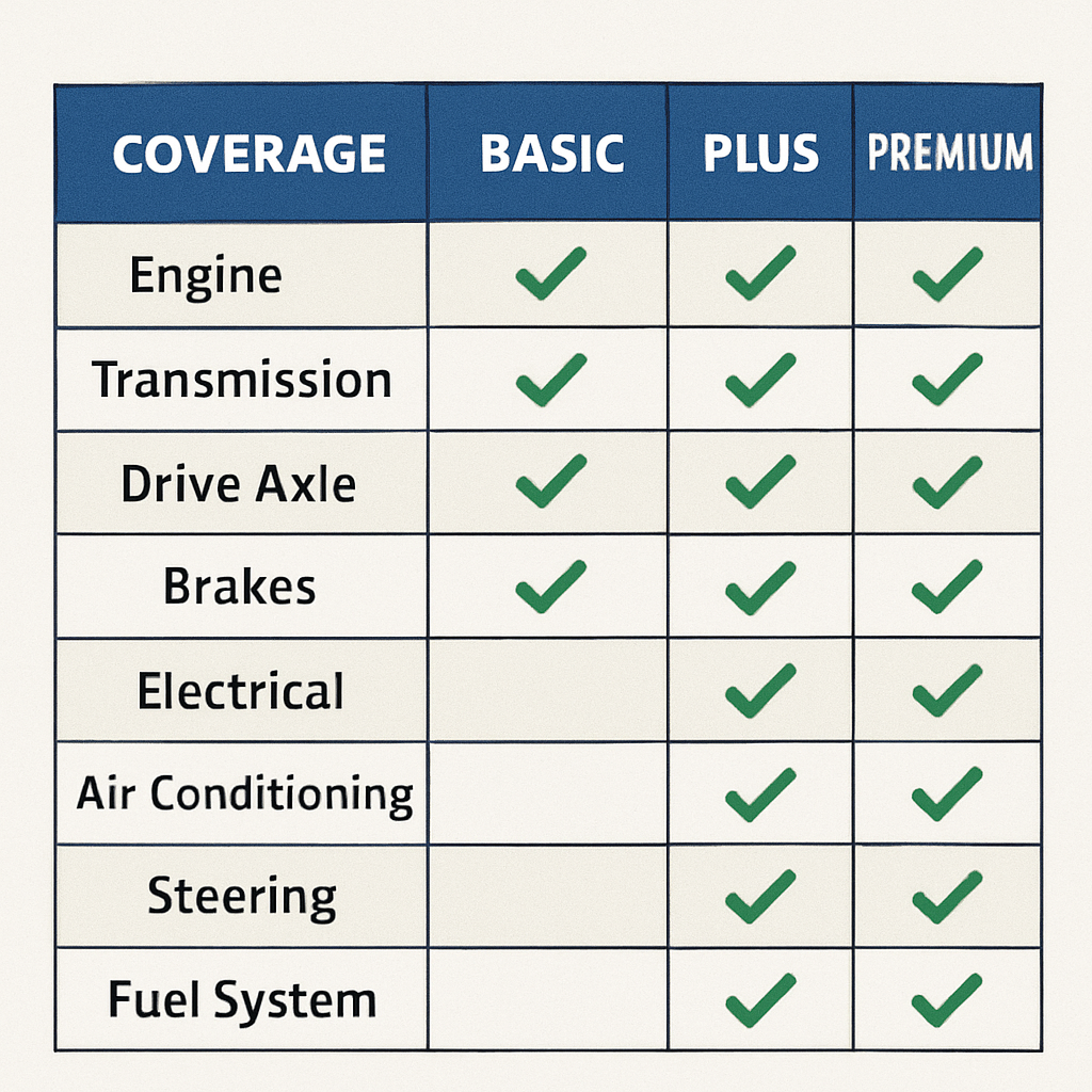 Chart comparing coverage tiers of third-party extended warranties, outlining features and benefits for each level.