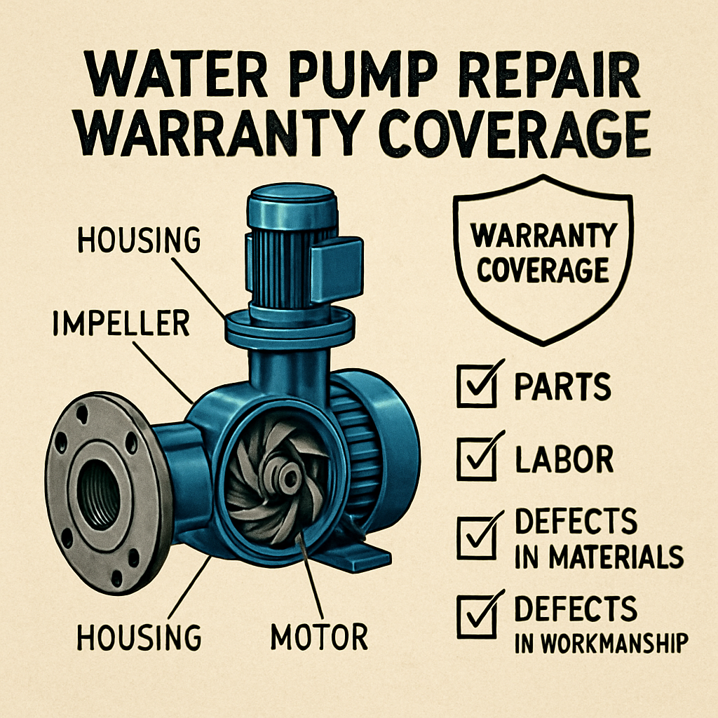 Detailed schematic illustrating the components and terms of water pump repair warranty coverage.