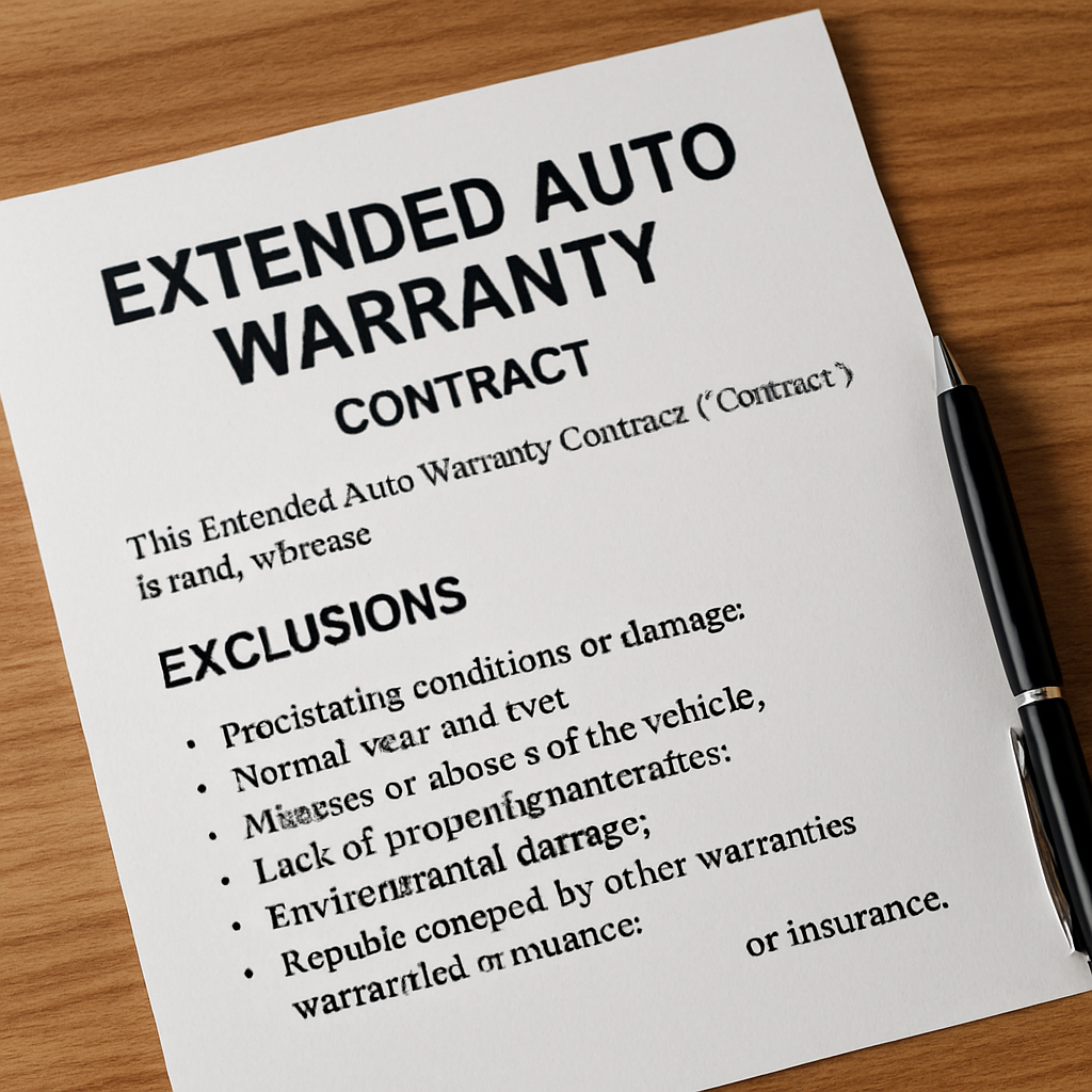 Detailed clauses outlining exclusions in an extended auto warranty sample contract.