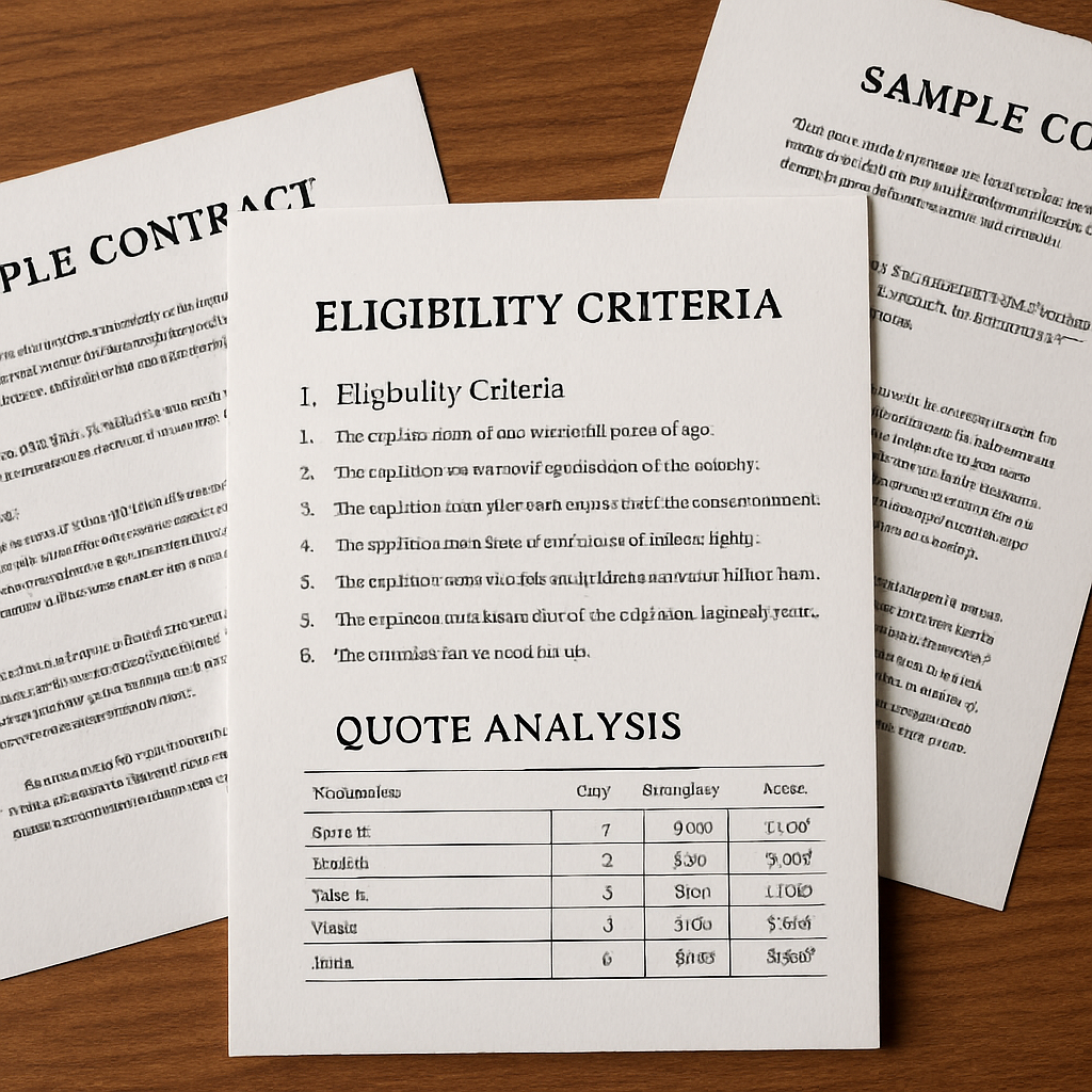 Detailed view of eligibility criteria and quote analysis within sample contracts.