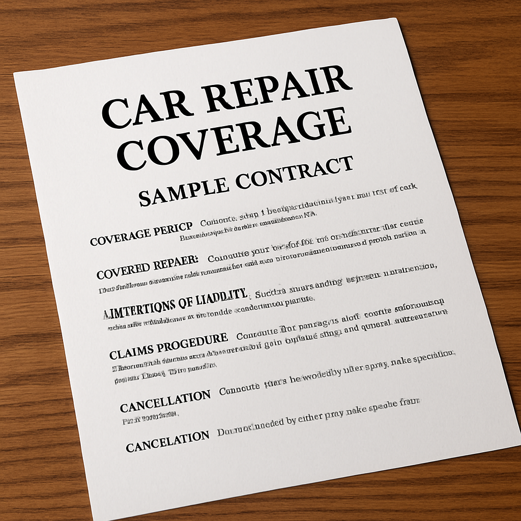 Detailed overview of car repair coverage terms outlined in a sample contract, highlighting key provisions and conditions.