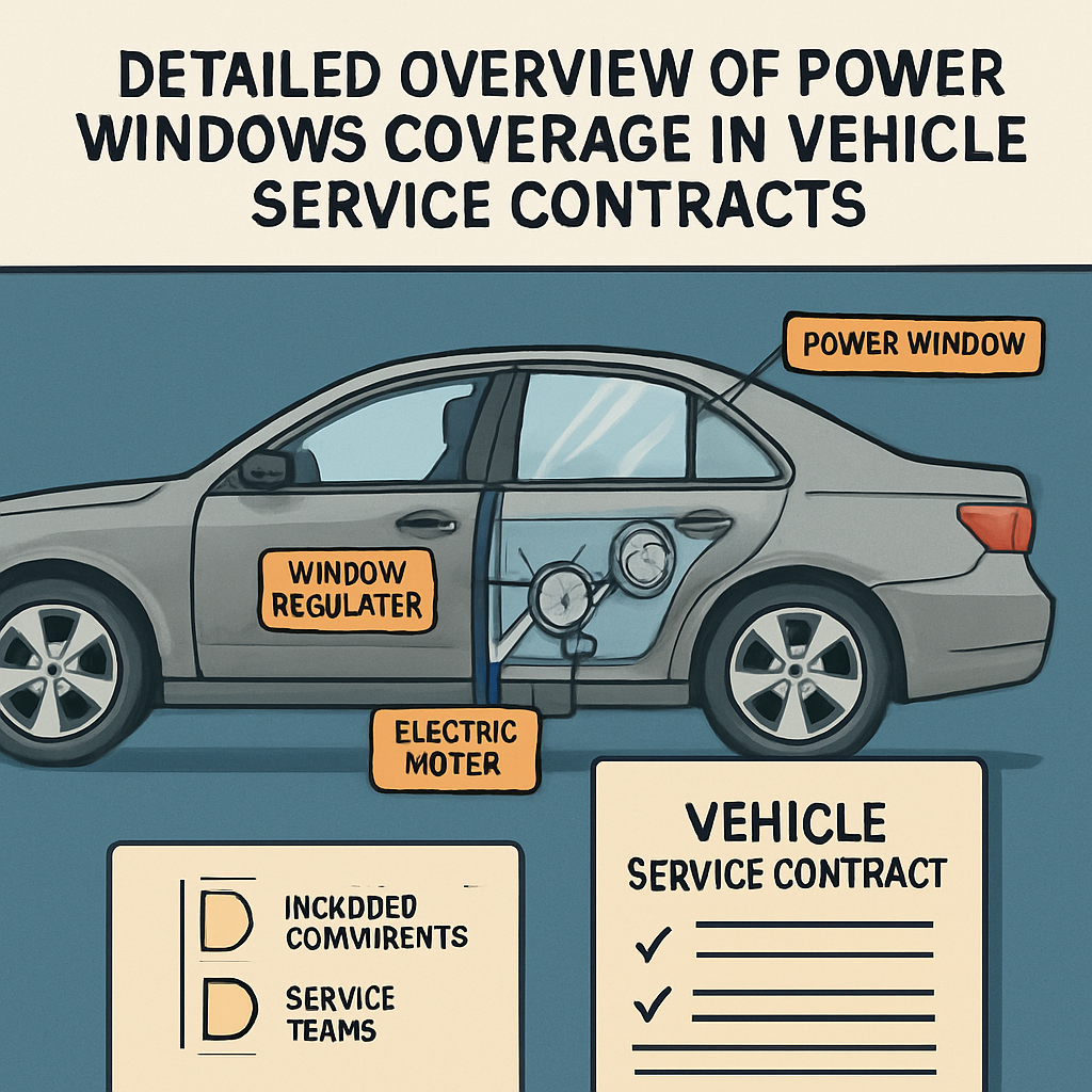 Diagram illustrating power windows coverage within a vehicle service contract, highlighting included components and service terms.