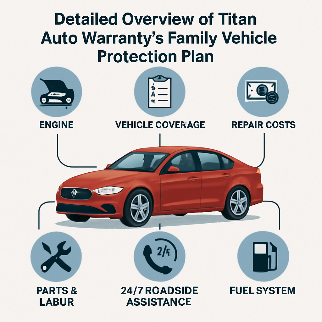 Detailed diagram outlining the features and coverage of Titan Auto Warranty’s family vehicle protection plan.
