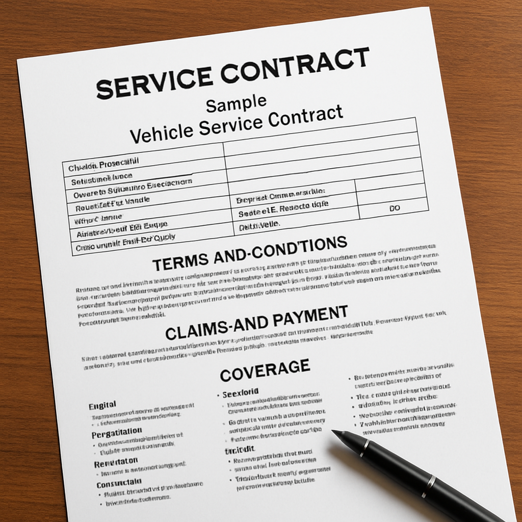 Detailed breakdown of a sample vehicle service contract outlining terms and coverage.