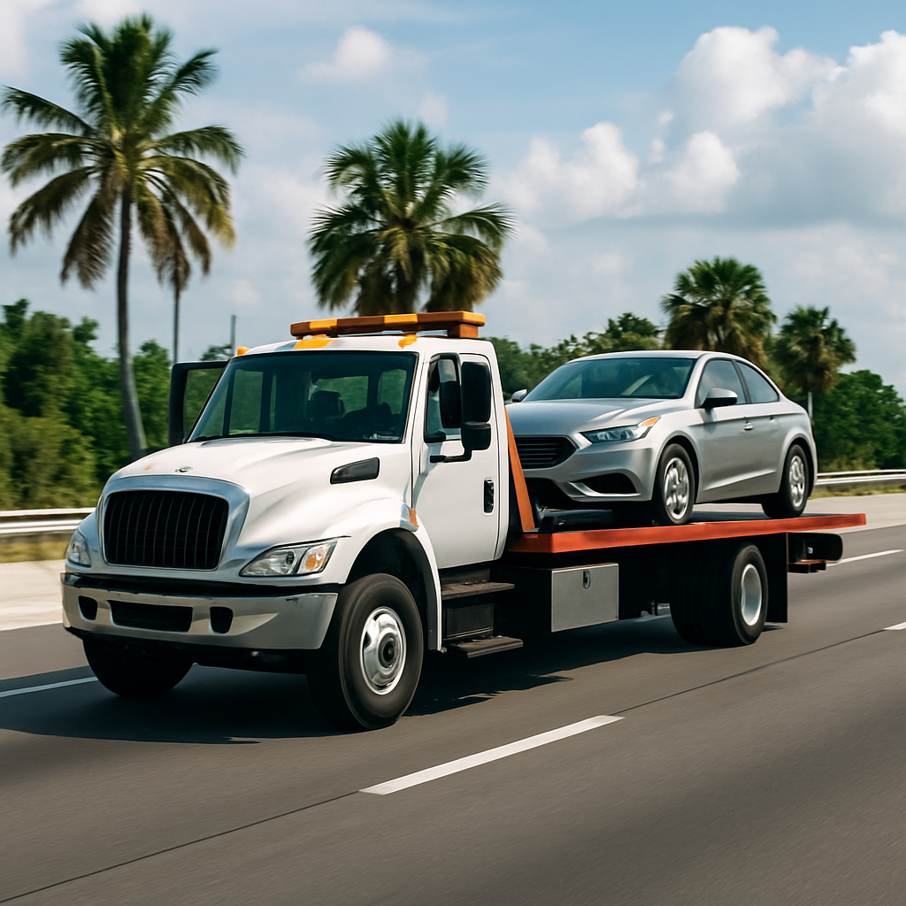 Tow truck assisting a car on a Florida highway, illustrating Titan Auto Warranty’s roadside assistance coverage.