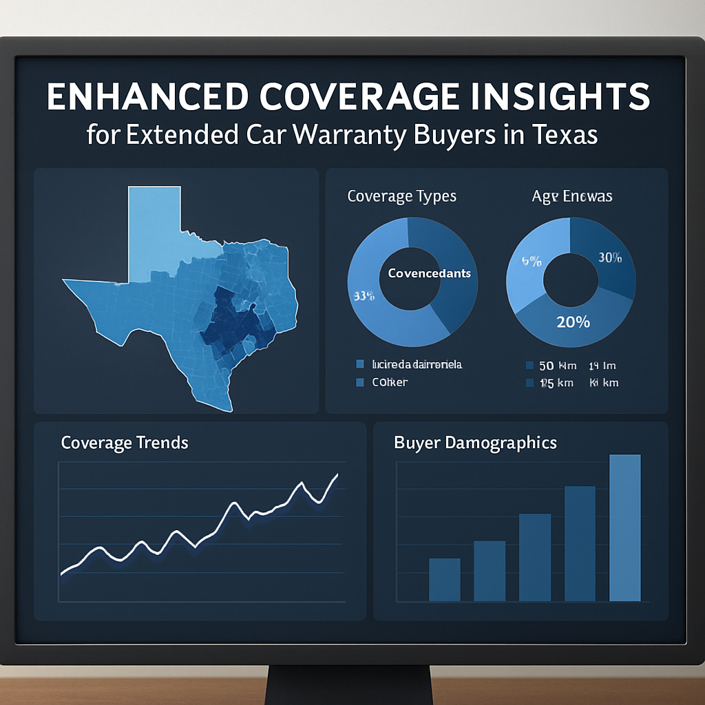Dashboard displaying detailed analytics on extended car warranty coverage trends and buyer demographics in Texas.
