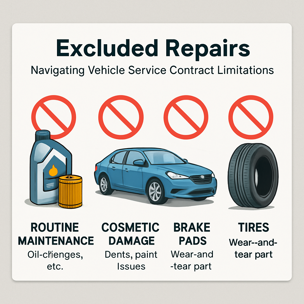 A chart listing common vehicle repairs often excluded from service contracts, such as routine maintenance, cosmetic damage, and wear-and-tear parts like brake pads and tires, with technical annotations.