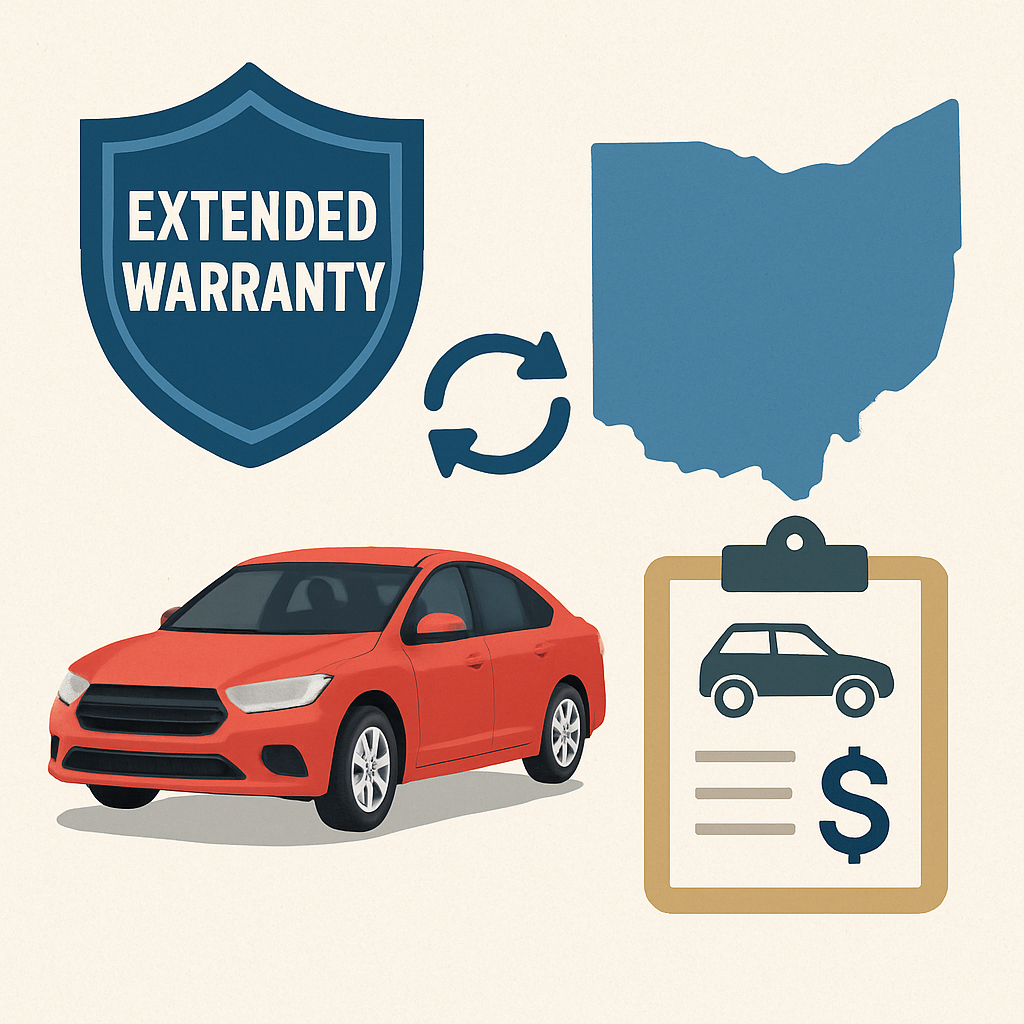 Diagram illustrating extended car warranty coverage and rental reimbursement options available in Ohio.