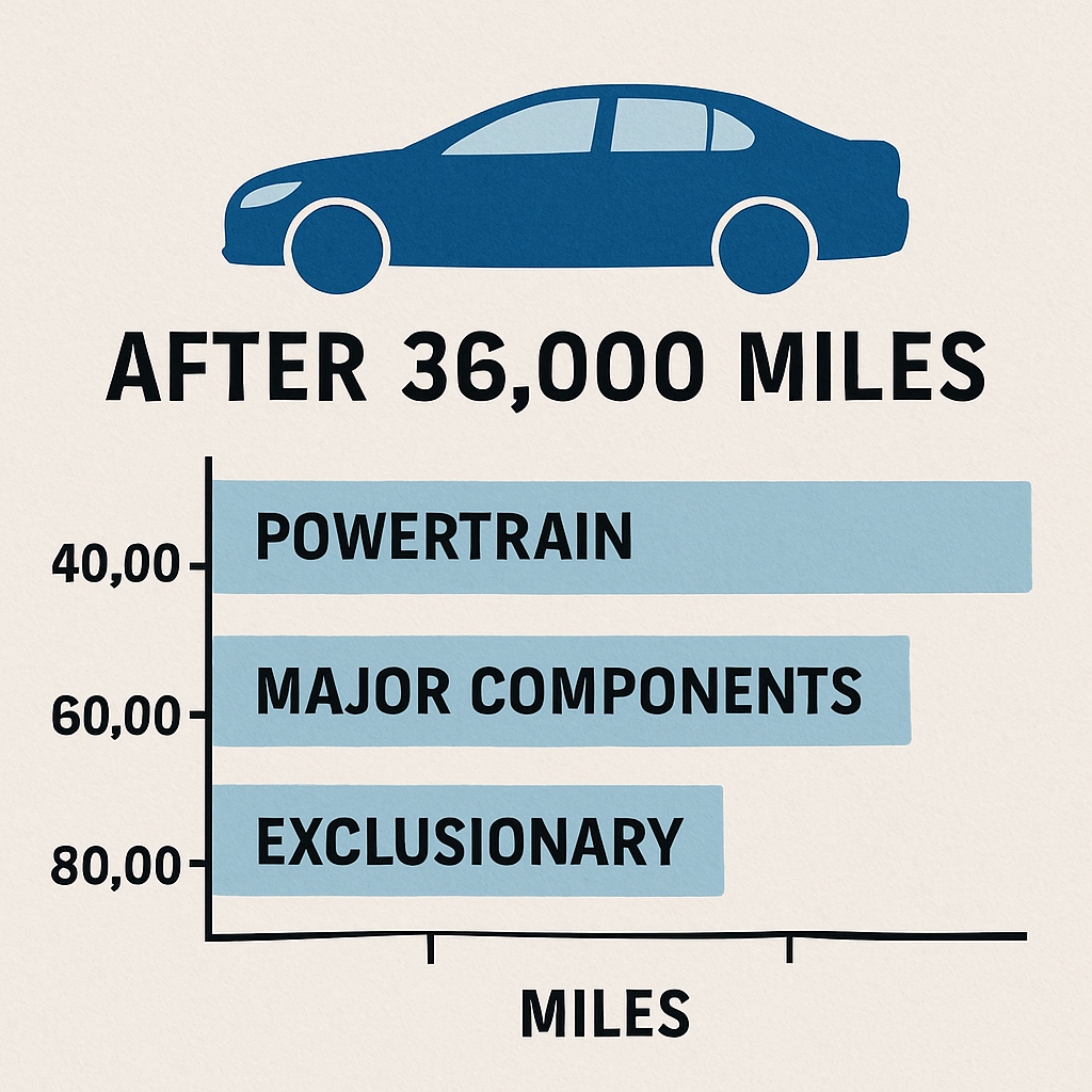 Graph illustrating extended vehicle warranty terms applicable beyond 36,000 miles with coverage details and conditions.