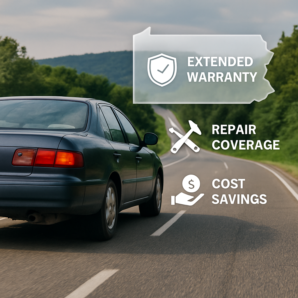 High-mileage car driving on a Pennsylvania road with graphics highlighting extended warranty coverage benefits.