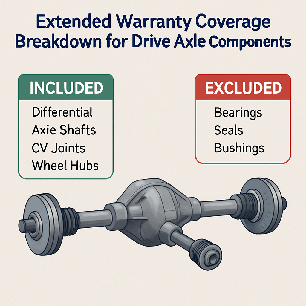 Diagram detailing extended warranty coverage for various drive axle components, highlighting included and excluded parts.