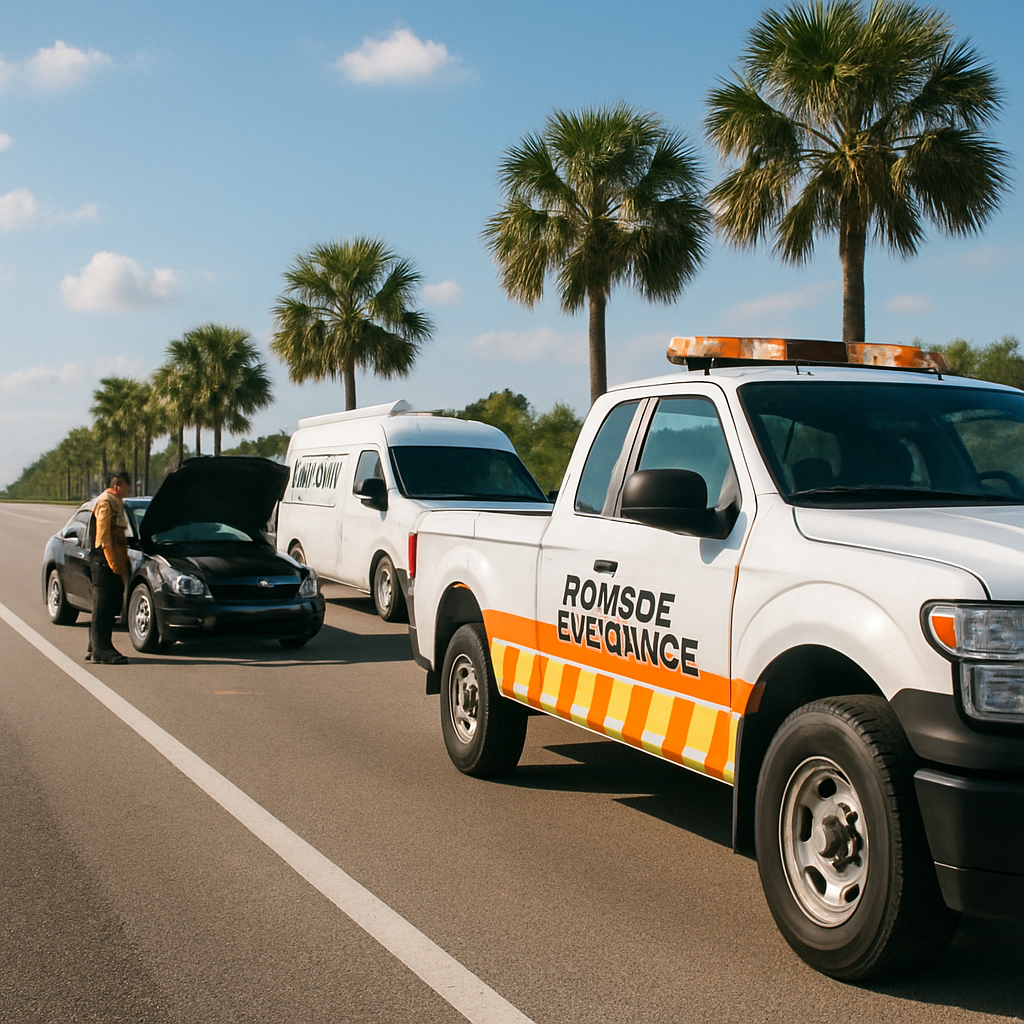 Florida roadside assistance vehicles providing warranty services to stranded drivers along a sunny highway.