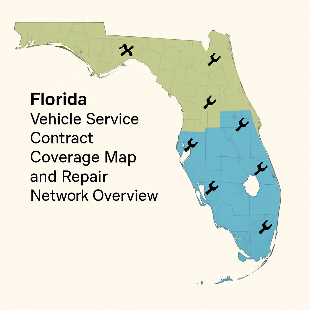 Map of Florida highlighting regions covered by vehicle service contracts with an overview of the repair network locations.