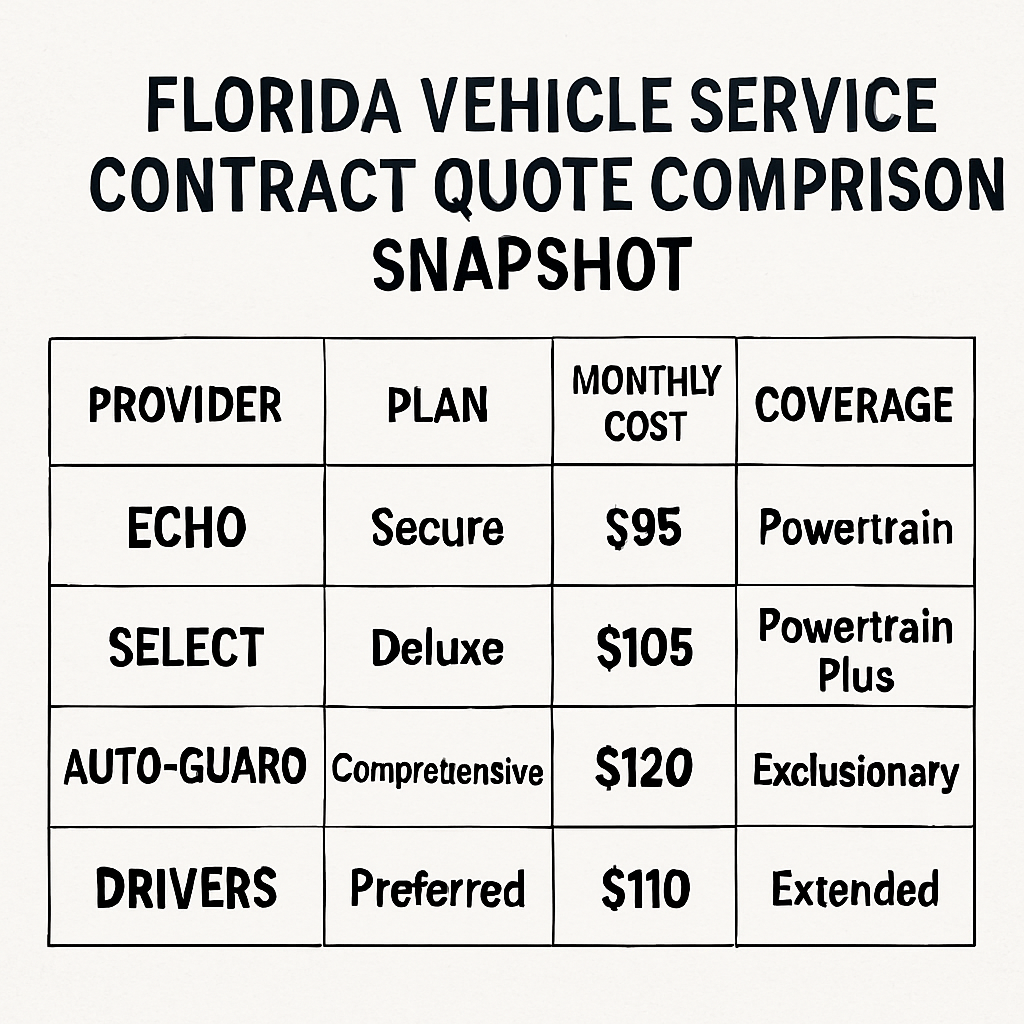 Comparison chart of vehicle service contract options available in Florida with pricing and coverage details.