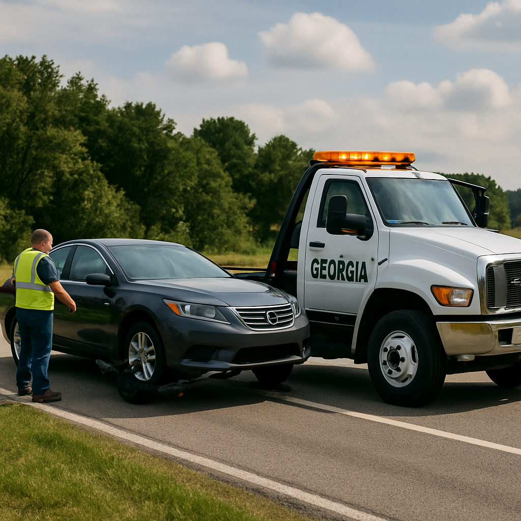 Georgia emergency towing service truck assisting a vehicle on the roadside, showcasing a key feature of roadside assistance warranties in Georgia.