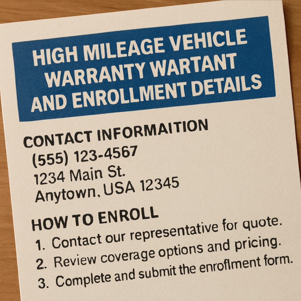 Contact information and enrollment instructions for high mileage vehicle warranty services.