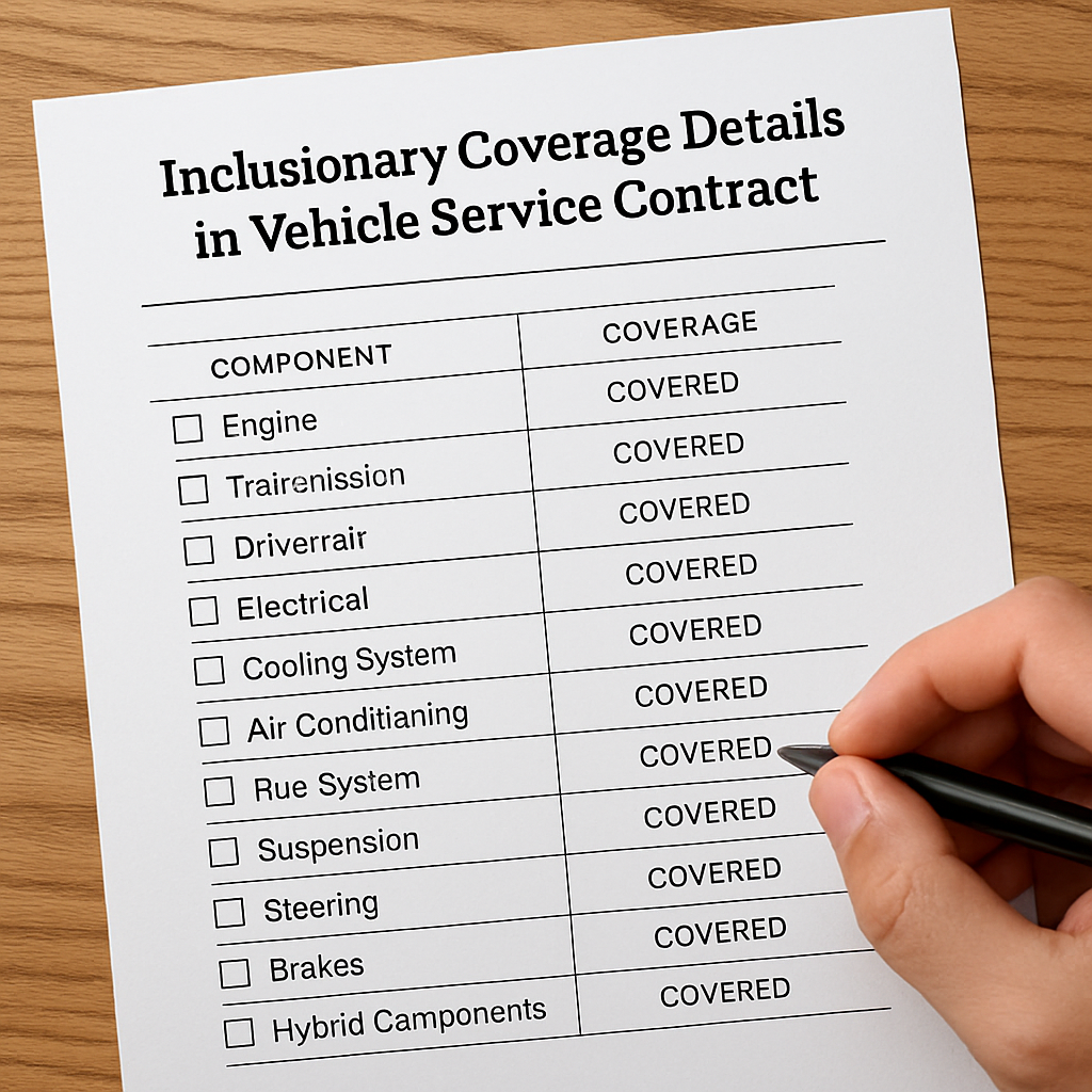 Detailed breakdown of inclusionary coverage terms in a vehicle service contract.